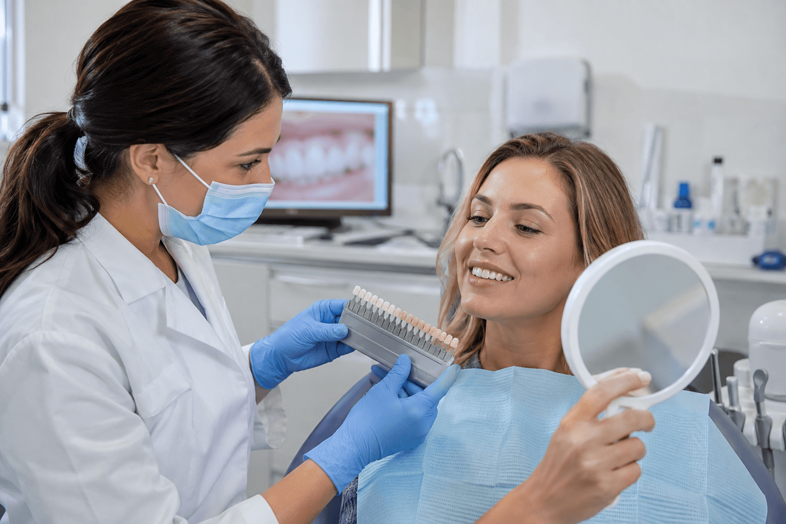 Dentist explaining shade selection during a professional teeth whitening consultation